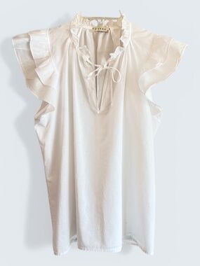Stark X White Cotton Flutter Sleeve Tie Neck Blouse Sz L